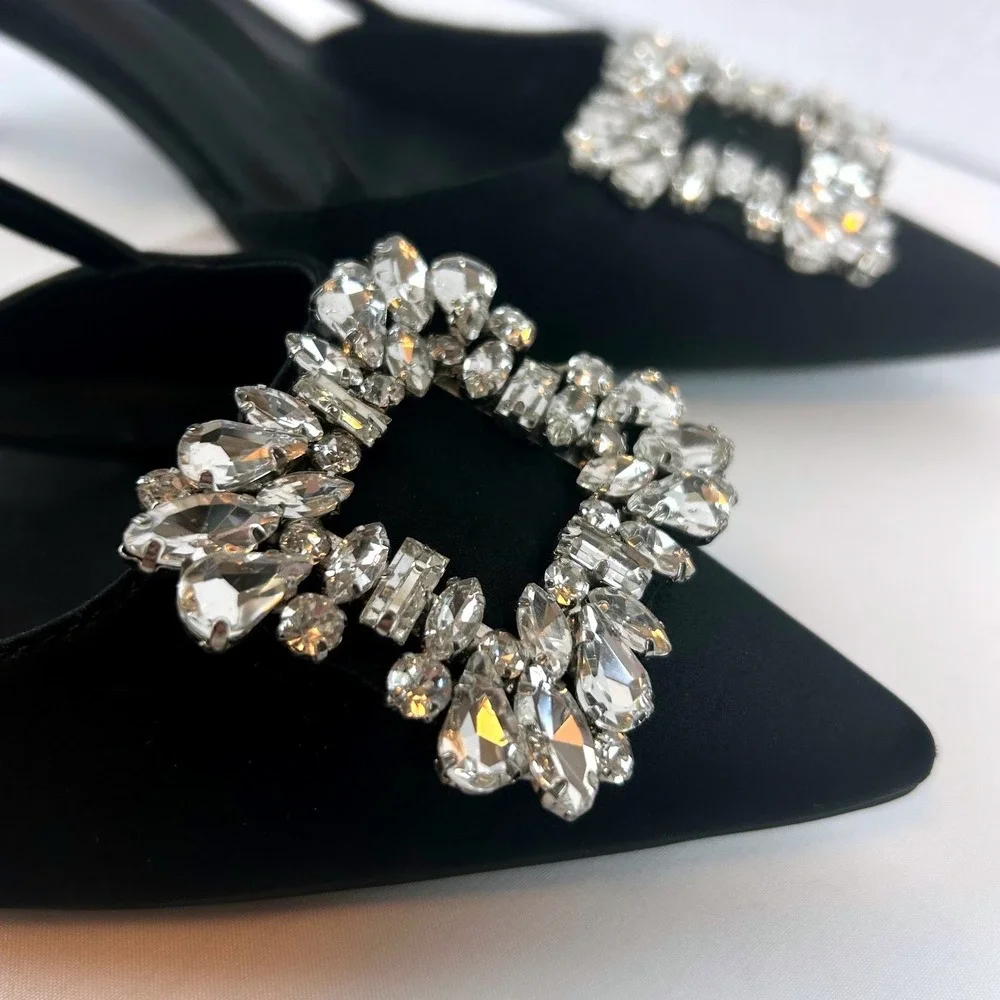 A New Day Black Satin Crystal Buckle Pointed Toe Slingback Kitten‎ Heels 8.5